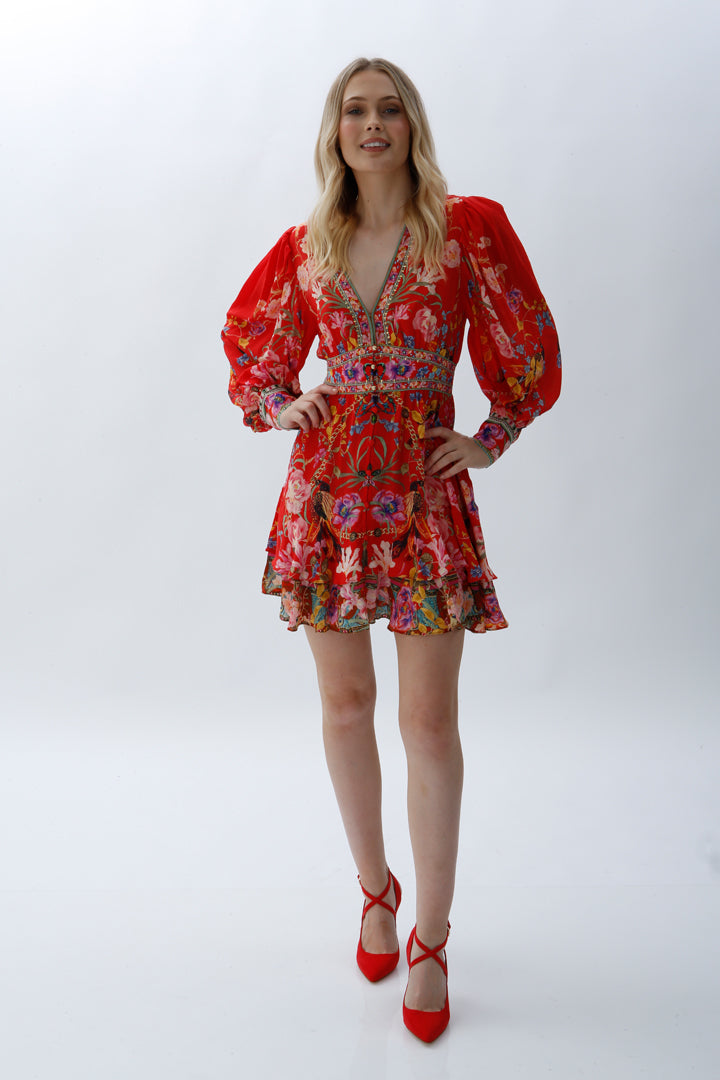 CAMILLA - Button Front Frill Dress - Ruffle Some Feathers - Short Dress - Red Print - Size 10 - Miranda's