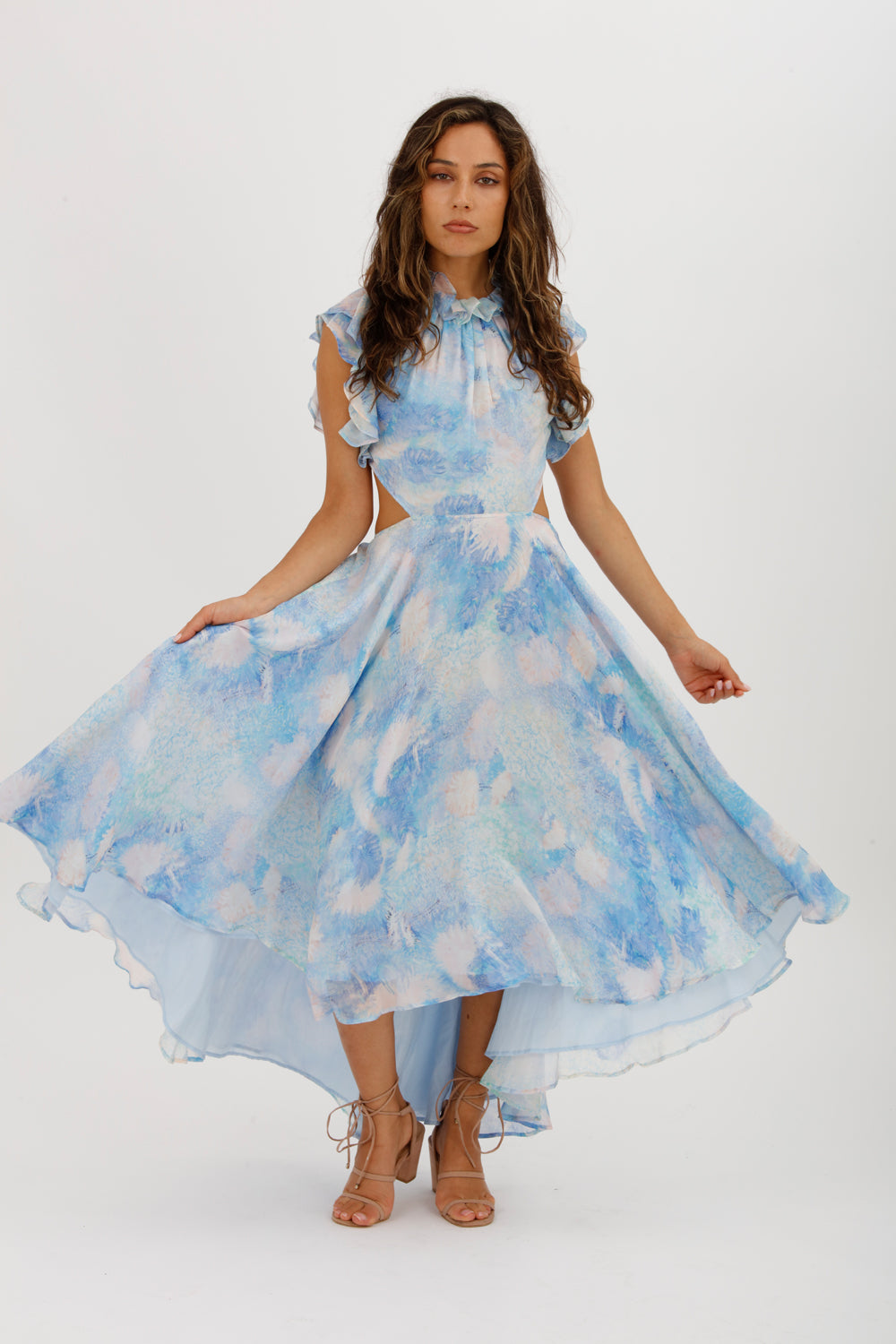 LEO LIN Oceana Open-back Gathered Printed Silk-chiffon Midi Dress Blue Size AU 10 - Miranda's