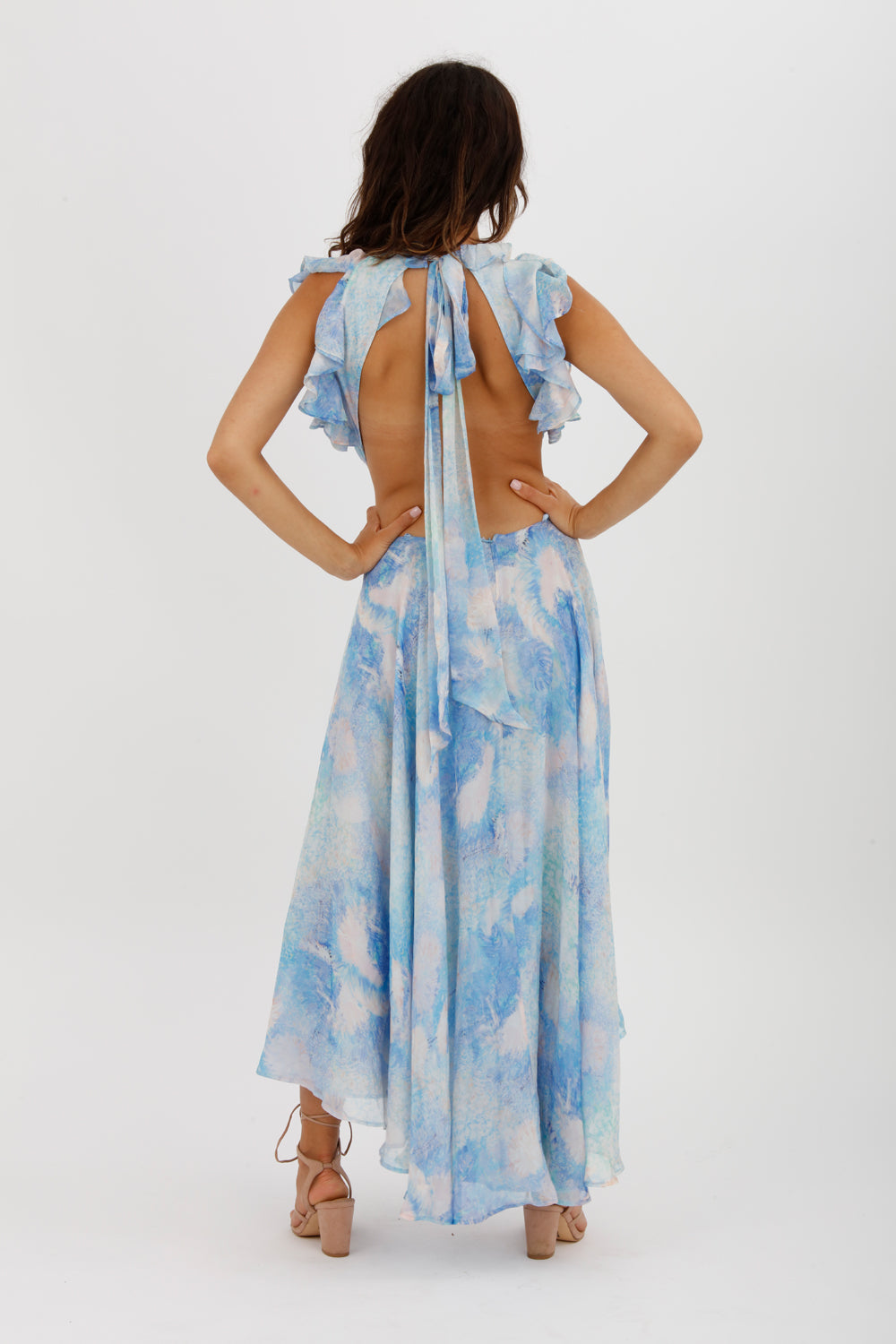 LEO LIN Oceana Open-back Gathered Printed Silk-chiffon Midi Dress Blue Size AU 10 - Miranda's