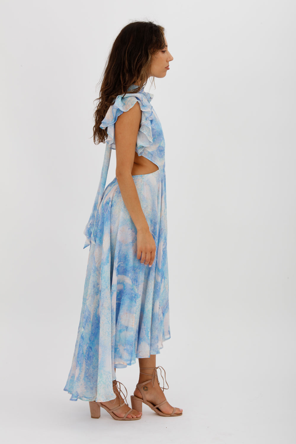 LEO LIN Oceana Open-back Gathered Printed Silk-chiffon Midi Dress Blue Size AU 10 - Miranda's