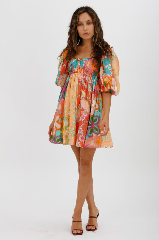 Zimmermann Lola Gathered Floral-print Linen Mini Dress Orange Size 0 / AU 8 - Miranda's