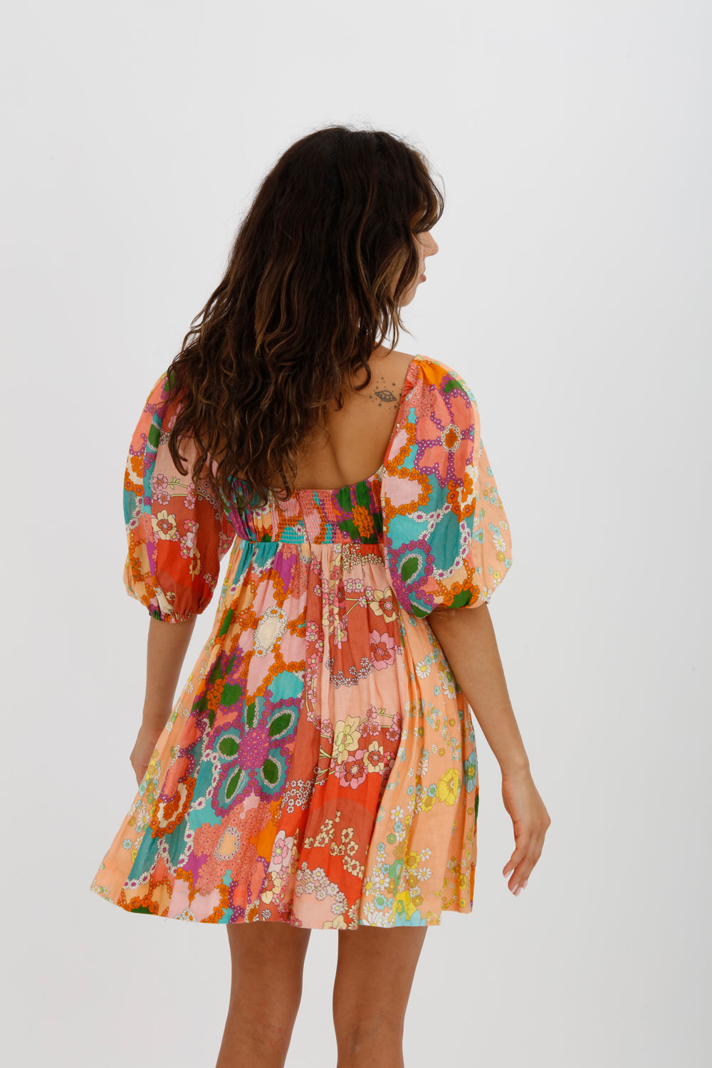 Zimmermann Lola Gathered Floral-print Linen Mini Dress Orange Size 0 / AU 8 - Miranda's