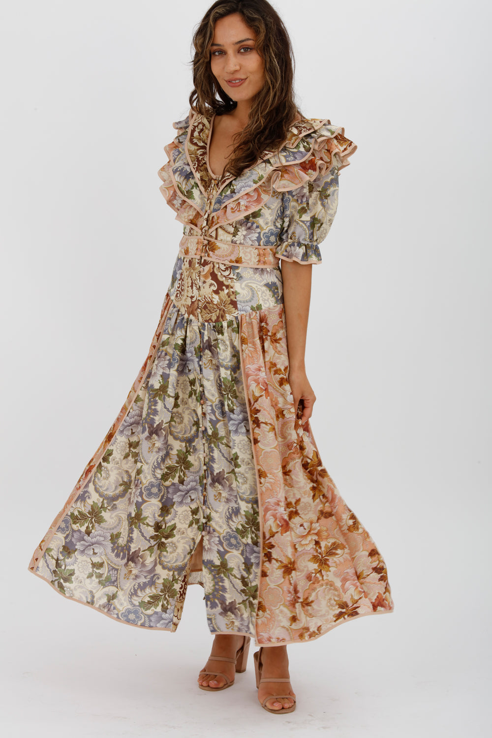 Alèmais Phillipa Ruffle Neck Midi Dress Floral Size 8 - Miranda's