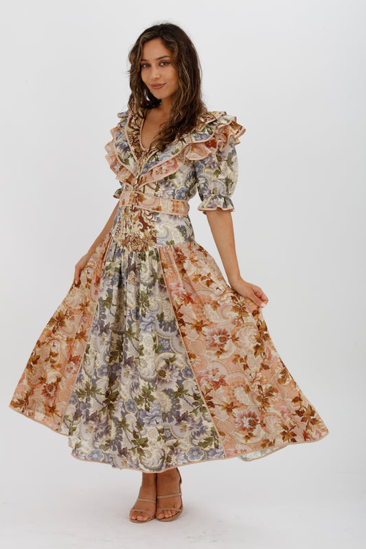 Alèmais Phillipa Ruffle Neck Midi Dress Floral Size 8 - Miranda's