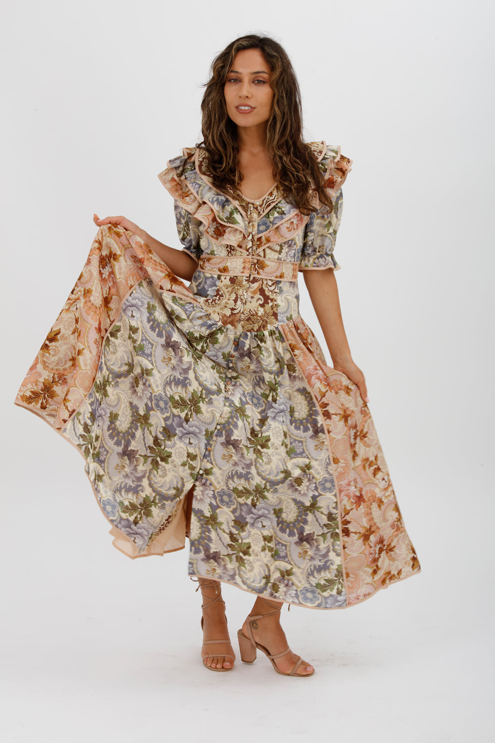 Alèmais Phillipa Ruffle Neck Midi Dress Floral Size 8 - Miranda's