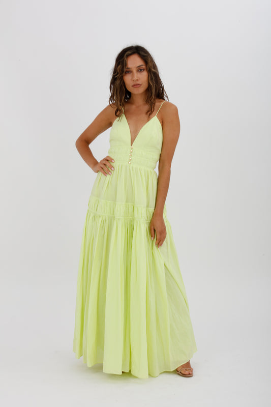 AJE Grace Tiered Midi Dress Pastel Yellow Green Size 10 - Miranda's