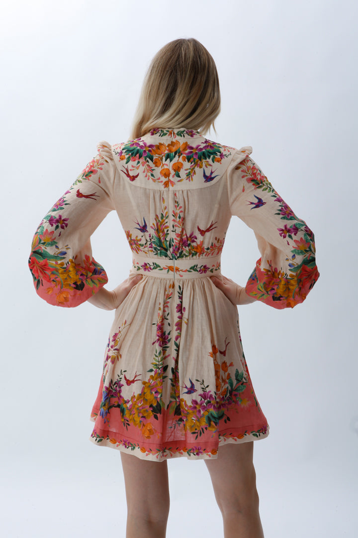 ZIMMERMANN - Tropicana Plunge Mini dress - Peach Floral - Size 0 / Size 8 AU - Miranda's
