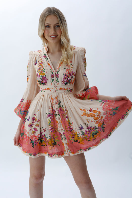 ZIMMERMANN - Tropicana Plunge Mini dress - Peach Floral - Size 0 / Size 8 AU - Miranda's
