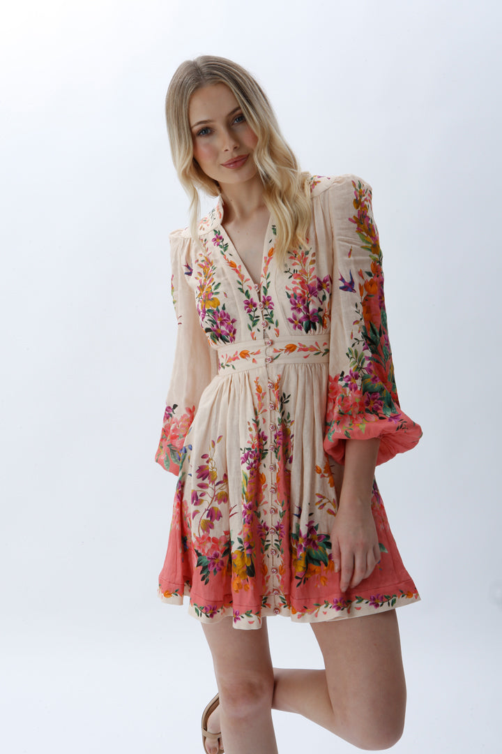 ZIMMERMANN - Tropicana Plunge Mini dress - Peach Floral - Size 0 / Size 8 AU - Miranda's