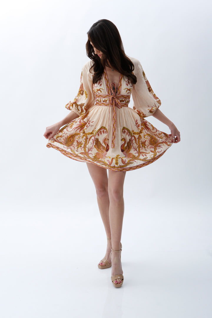 ZIMMERMANN CASSIA PLUNGE BOW MINI DRESS CREAM BIRD FLORAL SIZE 0 / AU 8 - Miranda's