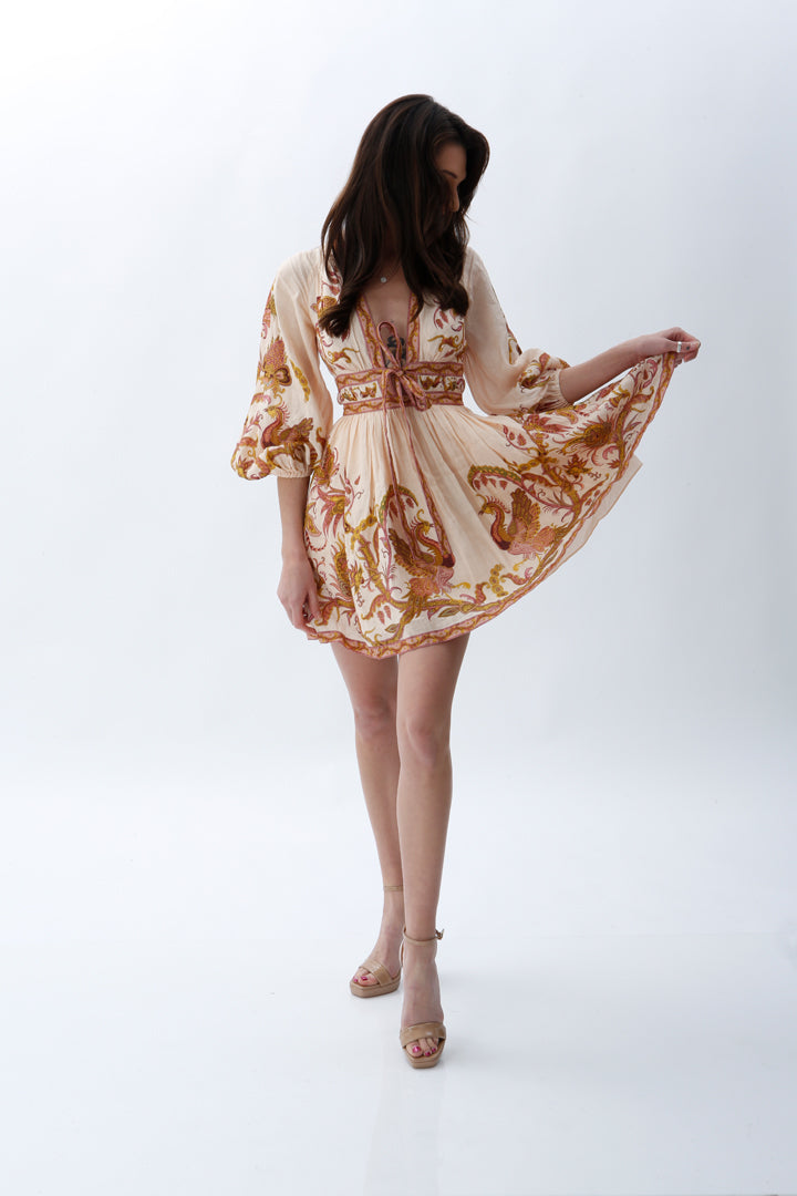 ZIMMERMANN CASSIA PLUNGE BOW MINI DRESS CREAM BIRD FLORAL SIZE 0 / AU 8 - Miranda's