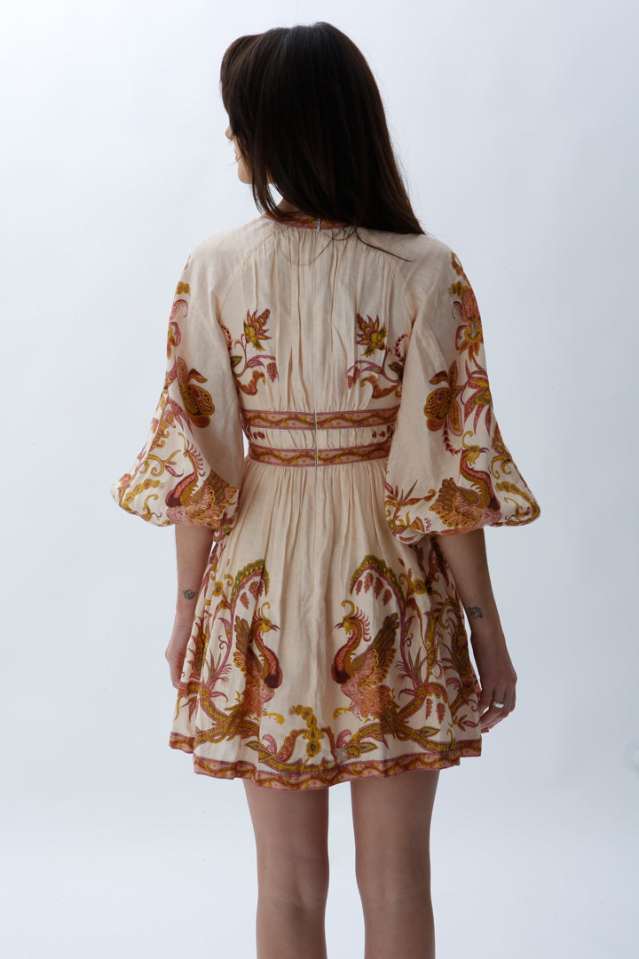 ZIMMERMANN CASSIA PLUNGE BOW MINI DRESS CREAM BIRD FLORAL SIZE 0 / AU 8 - Miranda's