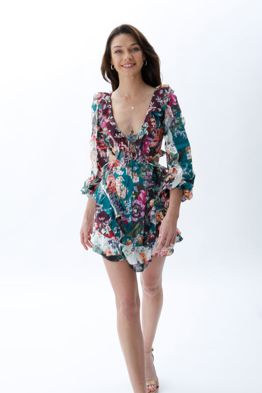 ZIMMERMANN ALLIA SPLICED FLORAL CUT OUT MINI DRESS PRINT SIZE 0 / AU 8 - Miranda's