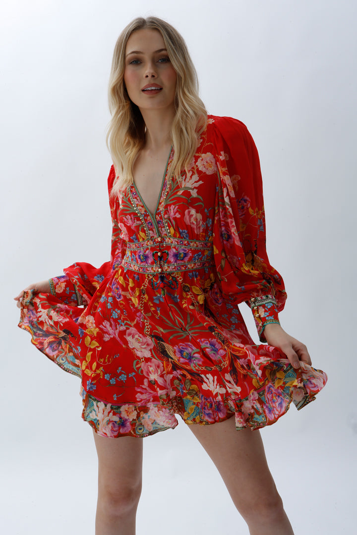 CAMILLA - Button Front Frill Dress - Ruffle Some Feathers - Short Dress - Red Print - Size 10 - Miranda's