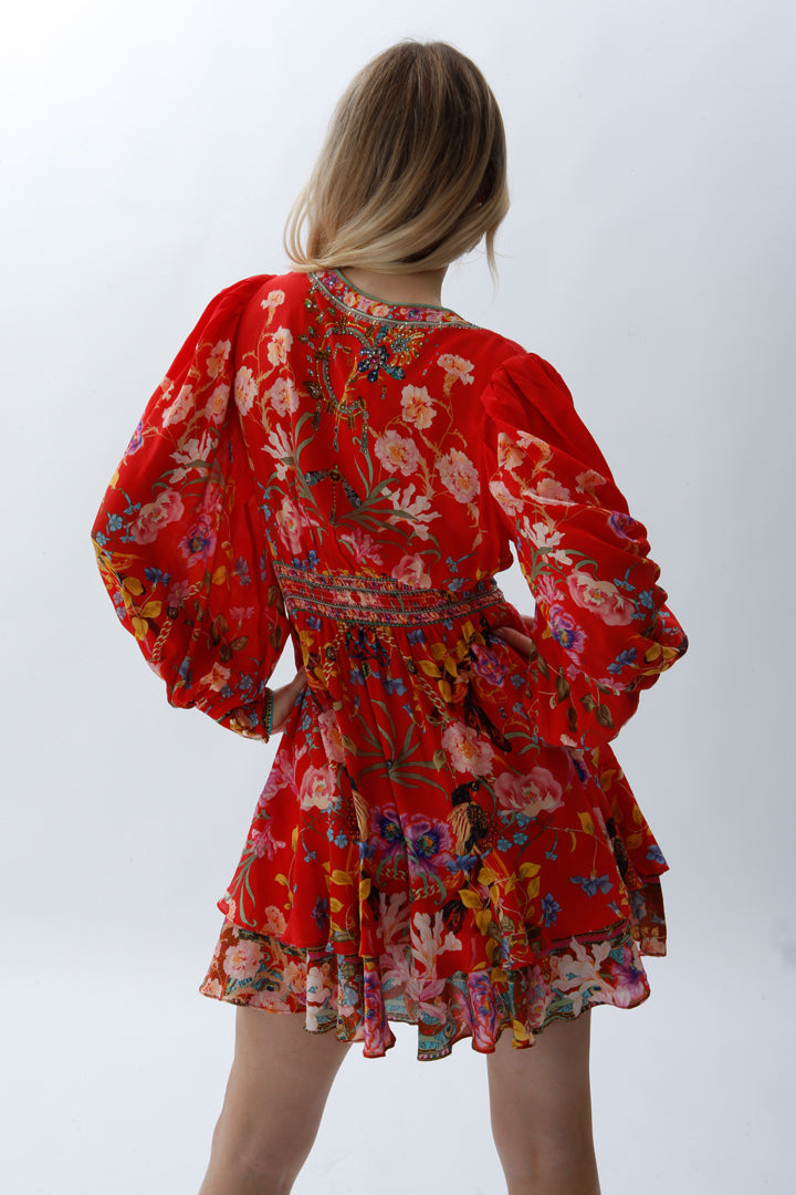 CAMILLA - Button Front Frill Dress - Ruffle Some Feathers - Short Dress - Red Print - Size 10 - Miranda's